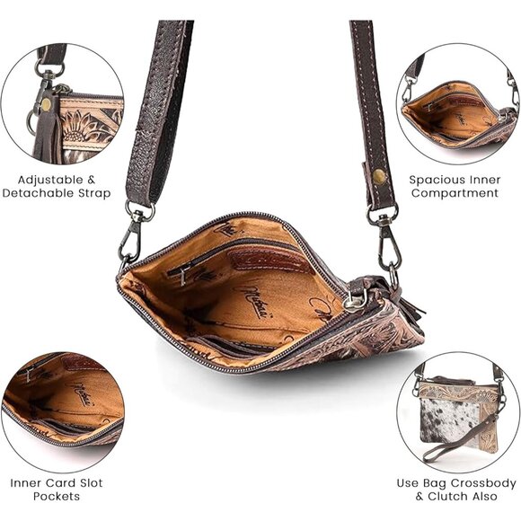 Women Leather Handbag Slim Zipper Closure Detachable Strap Casual Formal - Picture 4 of 8